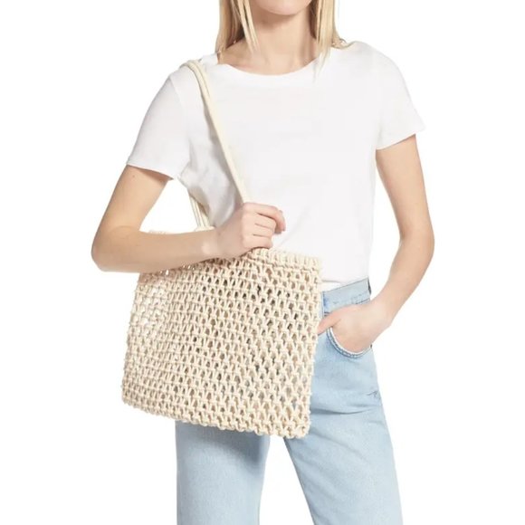 Clare V Handbags - CLARE V  Sandy Woven Cotton with Leather Trim Market Tote Natural Color